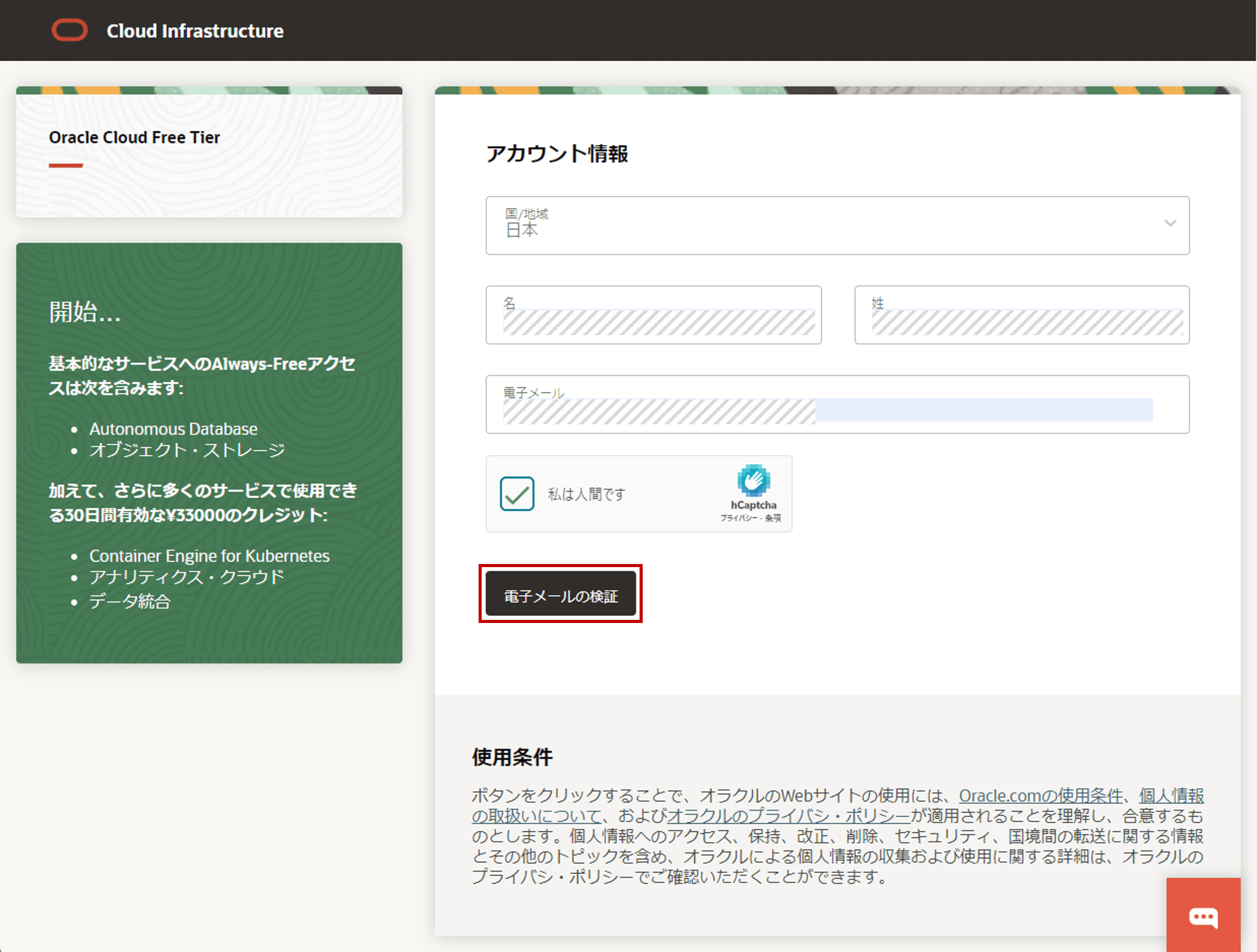 地域や氏名、電子メールを入力し、「電子メールの検証」をクリックします。