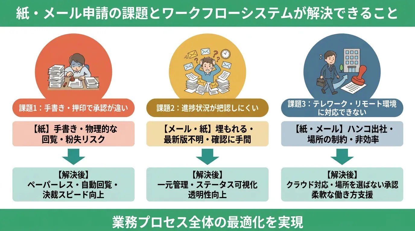 紙・メール申請の課題とワークフローシステムが解決できること